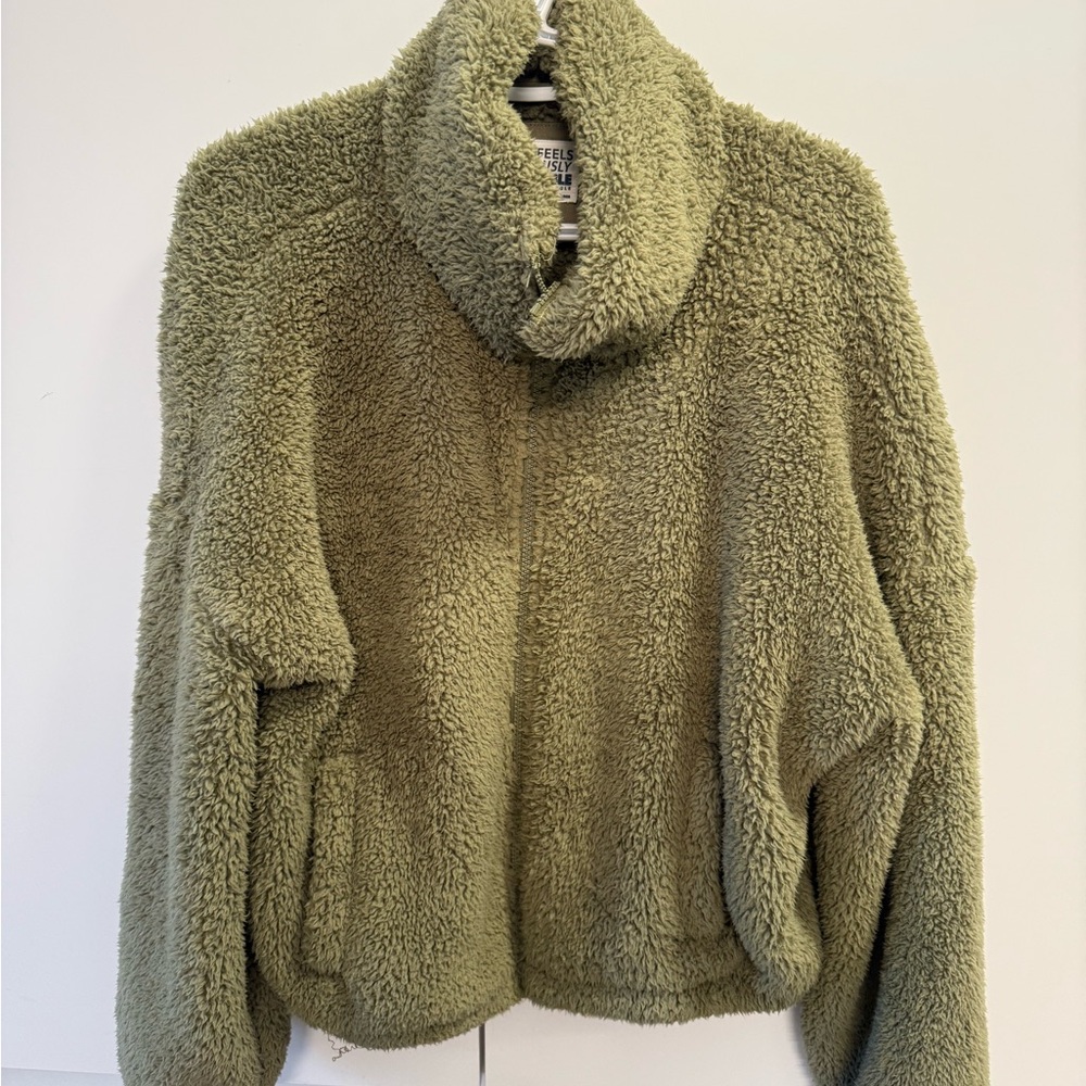 aerie Olive Green Sherpa Funnel-Neck Jacket